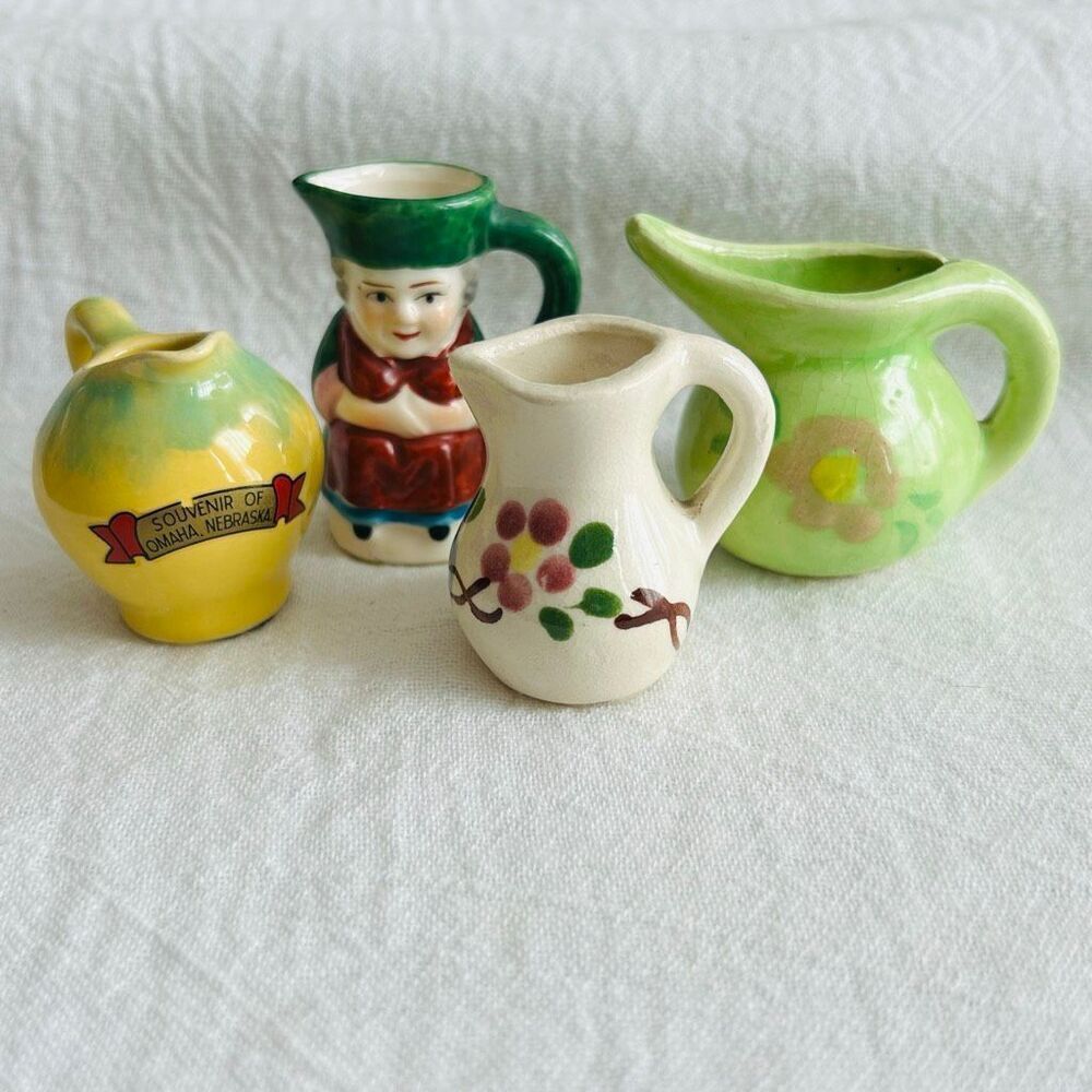 4 Vintage Miniature Pitchers Ceramic Floral Souvenir Toby Girl